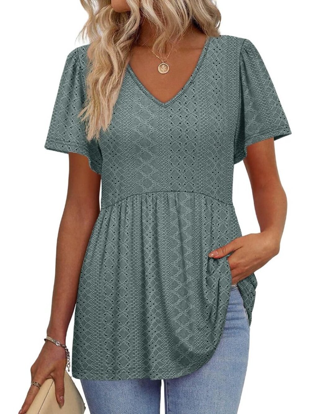 Womens Summer Tops Babydoll Short Sleeve Shirts Puff Sleeve Peplum Tops V Neck T